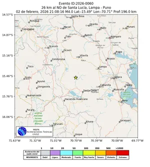 Mapa de aceleración teórica del sismo de magnitud 4 a 26 km al NO de Santa Lucía, Lampa - Puno, Perú