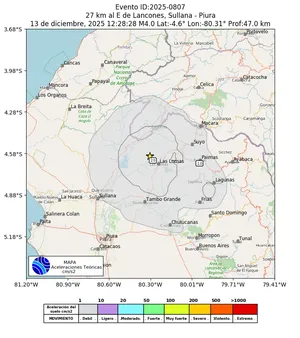 Mapa de aceleración teórica del sismo de magnitud 4 a 27 km al E de Lancones, Sullana - Piura, Perú