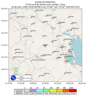 Mapa de aceleración teórica del sismo de magnitud 4 a 27 km al N de Santa Lucía, Lampa - Puno, Perú