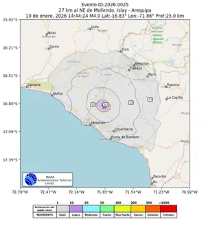 Mapa de aceleración teórica del sismo de magnitud 4 a 27 km al NE de Mollendo, Islay - Arequipa, Perú