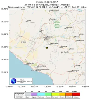 Mapa de aceleración teórica del sismo de magnitud 4 a 27 km al S de Arequipa, Arequipa - Arequipa, Perú