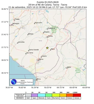 Mapa de aceleración teórica del sismo de magnitud 4 a 28 km al NE de Calana, Tacna - Tacna, Perú