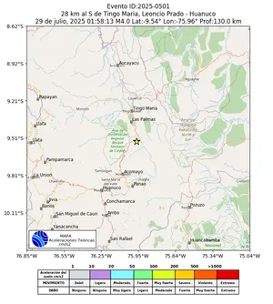 Mapa de aceleración teórica del sismo de magnitud 4 a 28 km al S de Tingo Maria, Leoncio Prado - Huanuco, Perú