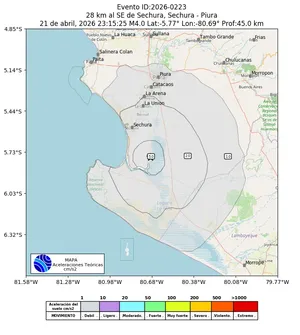 Mapa de aceleración teórica del sismo de magnitud 4 a 28 km al SE de Sechura, Sechura - Piura, Perú