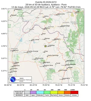 Mapa de aceleración teórica del sismo de magnitud 4 a 28 km al SO de Ayabaca, Ayabaca - Piura, Perú