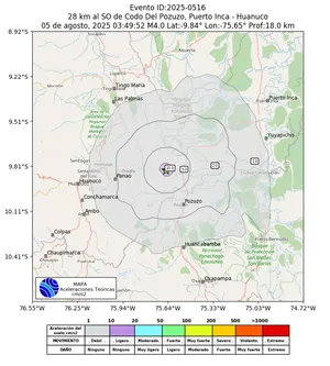 Mapa de aceleración teórica del sismo de magnitud 4 a 28 km al SO de Codo Del Pozuzo, Puerto Inca - Huanuco, Perú