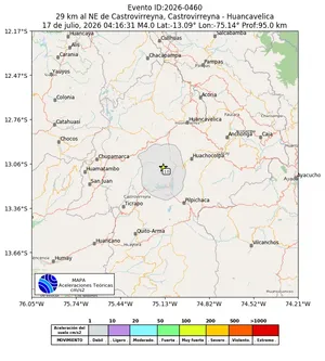 Mapa de aceleración teórica del sismo de magnitud 4 a 29 km al NE de Castrovirreyna, Castrovirreyna - Huancavelica, Perú
