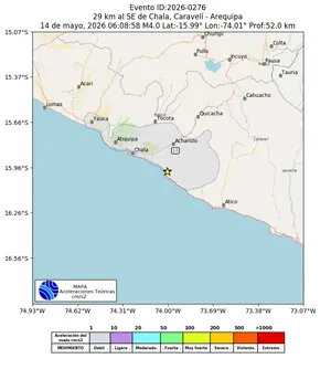 Mapa de aceleración teórica del sismo de magnitud 4 a 29 km al SE de Chala, Caravelí - Arequipa, Perú
