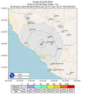 Mapa de aceleración teórica del sismo de magnitud 4 a 29 km al SO de Palpa, Palpa - Ica, Perú