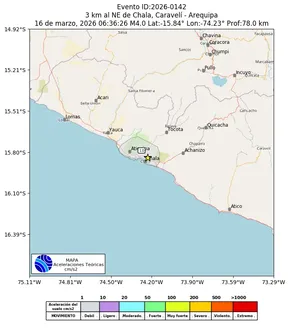 Mapa de aceleración teórica del sismo de magnitud 4 a 3 km al NE de Chala, Caravelí - Arequipa, Perú