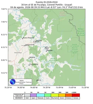 Mapa de aceleración teórica del sismo de magnitud 4 a 30 km al SE de Pucallpa, Coronel Portillo - Ucayali, Perú