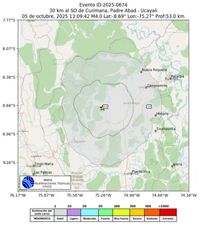 Mapa de aceleración teórica del sismo de magnitud 4 a 30 km al SO de Curimana, Padre Abad - Ucayali, Perú