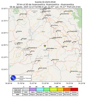 Mapa de aceleración teórica del sismo de magnitud 4 a 30 km al SO de Huancavelica, Huancavelica - Huancavelica, Perú