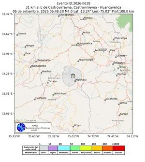 Mapa de aceleración teórica del sismo de magnitud 4 a 31 km al E de Castrovirreyna, Castrovirreyna - Huancavelica, Perú