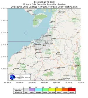 Mapa de aceleración teórica del sismo de magnitud 4 a 31 km al E de Zarumilla, Zarumilla - Tumbes, Perú