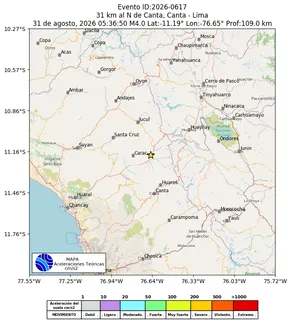 Mapa de aceleración teórica del sismo de magnitud 4 a 31 km al N de Canta, Canta - Lima, Perú