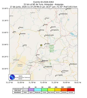 Mapa de aceleración teórica del sismo de magnitud 4 a 31 km al NE de Yura, Arequipa - Arequipa, Perú