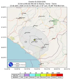 Mapa de aceleración teórica del sismo de magnitud 4 a 32 km al NO de Alto de la Alianza, Tacna - Tacna, Perú