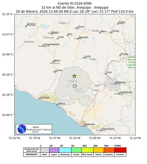 Mapa de aceleración teórica del sismo de magnitud 4 a 32 km al NO de Vitor, Arequipa - Arequipa, Perú