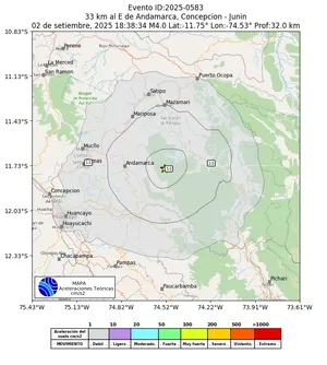 Mapa de aceleración teórica del sismo de magnitud 4 a 33 km al E de Andamarca, Concepcion - Junin, Perú