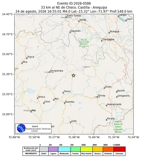 Mapa de aceleración teórica del sismo de magnitud 4 a 33 km al NE de Choco, Castilla - Arequipa, Perú