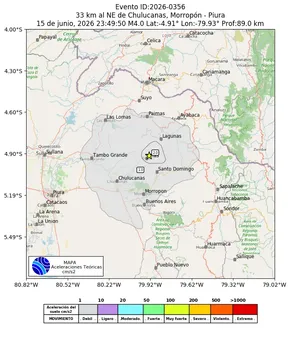 Mapa de aceleración teórica del sismo de magnitud 4 a 33 km al NE de Chulucanas, Morropón - Piura, Perú