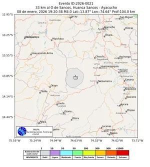 Mapa de aceleración teórica del sismo de magnitud 4 a 33 km al O de Sancos, Huanca Sancos - Ayacucho, Perú