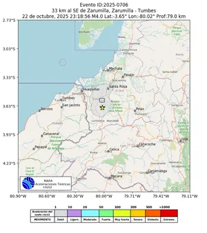 Mapa de aceleración teórica del sismo de magnitud 4 a 33 km al SE de Zarumilla, Zarumilla - Tumbes, Perú