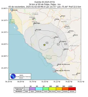 Mapa de aceleración teórica del sismo de magnitud 4 a 34 km al SO de Palpa, Palpa - Ica, Perú