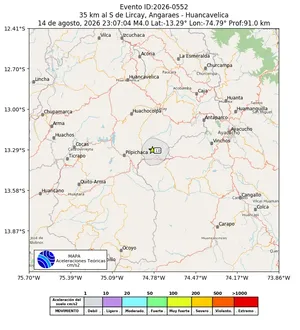 Mapa de aceleración teórica del sismo de magnitud 4 a 35 km al S de Lircay, Angaraes - Huancavelica, Perú