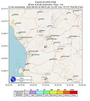 Mapa de aceleración teórica del sismo de magnitud 4 a 36 km al N de Huancano, Pisco - Ica, Perú