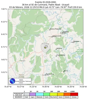 Mapa de aceleración teórica del sismo de magnitud 4 a 36 km al SE de Curimaná, Padre Abad - Ucayali, Perú