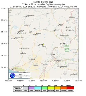 Mapa de aceleración teórica del sismo de magnitud 4 a 37 km al SE de Huambo, Caylloma - Arequipa, Perú