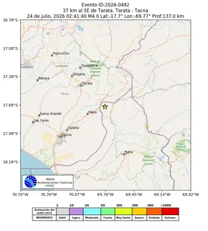 Mapa de aceleración teórica del sismo de magnitud 4 a 37 km al SE de Tarata, Tarata - Tacna, Perú