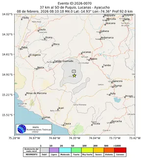 Mapa de aceleración teórica del sismo de magnitud 4 a 37 km al SO de Puquio, Lucanas - Ayacucho, Perú