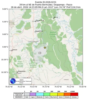 Mapa de aceleración teórica del sismo de magnitud 4 a 39 km al NE de Puerto Bermúdez, Oxapampa - Pasco, Perú