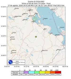 Mapa de aceleración teórica del sismo de magnitud 4 a 39 km al SO de Ilave, El Collao - Puno, Perú