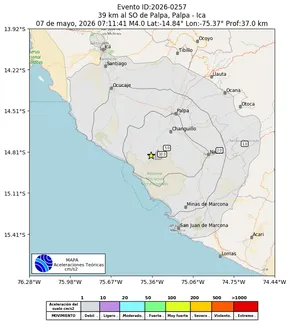 Mapa de aceleración teórica del sismo de magnitud 4 a 39 km al SO de Palpa, Palpa - Ica, Perú