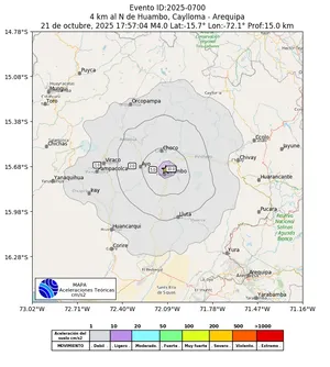 Mapa de aceleración teórica del sismo de magnitud 4 a 4 km al N de Huambo, Caylloma - Arequipa, Perú