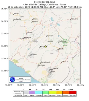 Mapa de aceleración teórica del sismo de magnitud 4 a 4 km al SO de Curibaya, Candarave - Tacna, Perú