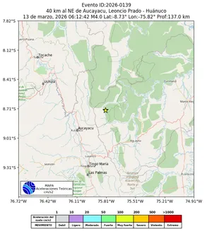 Mapa de aceleración teórica del sismo de magnitud 4 a 40 km al NE de Aucayacu, Leoncio Prado - Huánuco, Perú