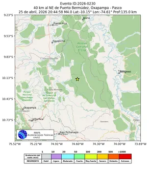 Mapa de aceleración teórica del sismo de magnitud 4 a 40 km al NE de Puerto Bermúdez, Oxapampa - Pasco, Perú