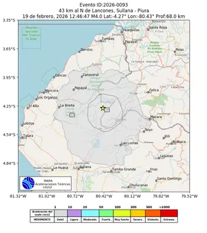 Mapa de aceleración teórica del sismo de magnitud 4 a 43 km al N de Lancones, Sullana - Piura, Perú