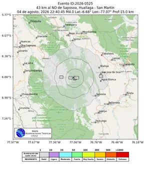 Mapa de aceleración teórica del sismo de magnitud 4 a 43 km al NO de Saposoa, Huallaga - San Martín, Perú