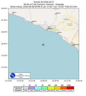 Mapa de aceleración teórica del sismo de magnitud 4 a 44 km al S de Camaná, Camaná - Arequipa, Perú