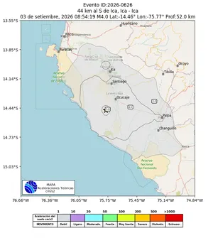 Mapa de aceleración teórica del sismo de magnitud 4 a 44 km al S de Ica, Ica - Ica, Perú