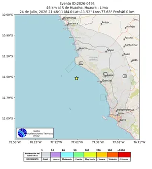 Mapa de aceleración teórica del sismo de magnitud 4 a 46 km al S de Huacho, Huaura - Lima, Perú