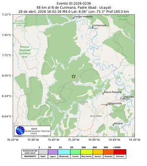 Mapa de aceleración teórica del sismo de magnitud 4 a 48 km al N de Curimaná, Padre Abad - Ucayali, Perú