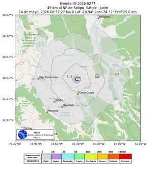 Mapa de aceleración teórica del sismo de magnitud 4 a 49 km al NE de Satipo, Satipo - Junín, Perú