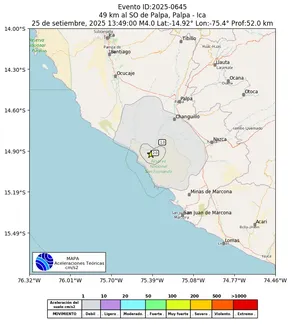 Mapa de aceleración teórica del sismo de magnitud 4 a 49 km al SO de Palpa, Palpa - Ica, Perú